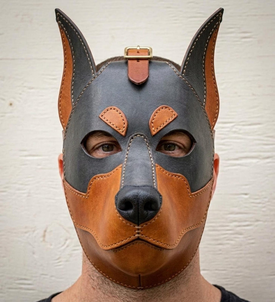 Leather Doberman Mask – Handmade Animal Head Mask, Custom Colors Available