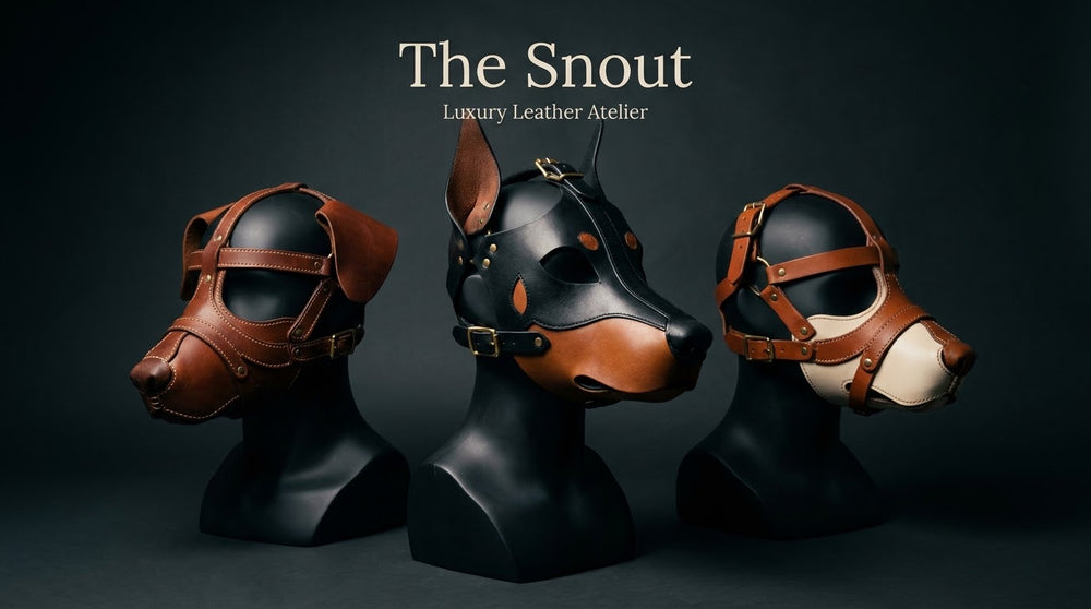 Handcrafted leather dog masks displayed on busts