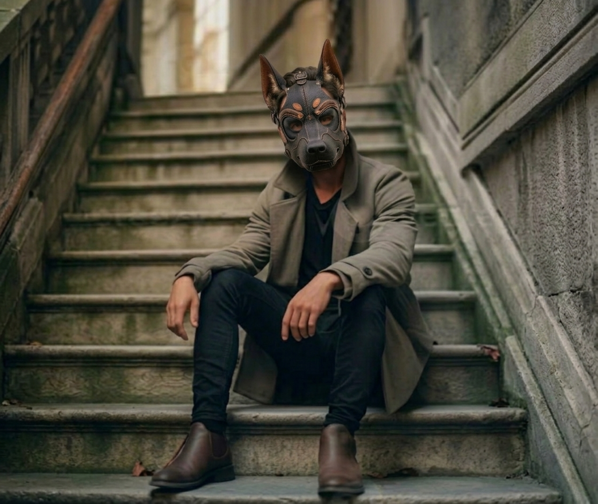 Man wearing a handcrafted leather dog mask on a staircase