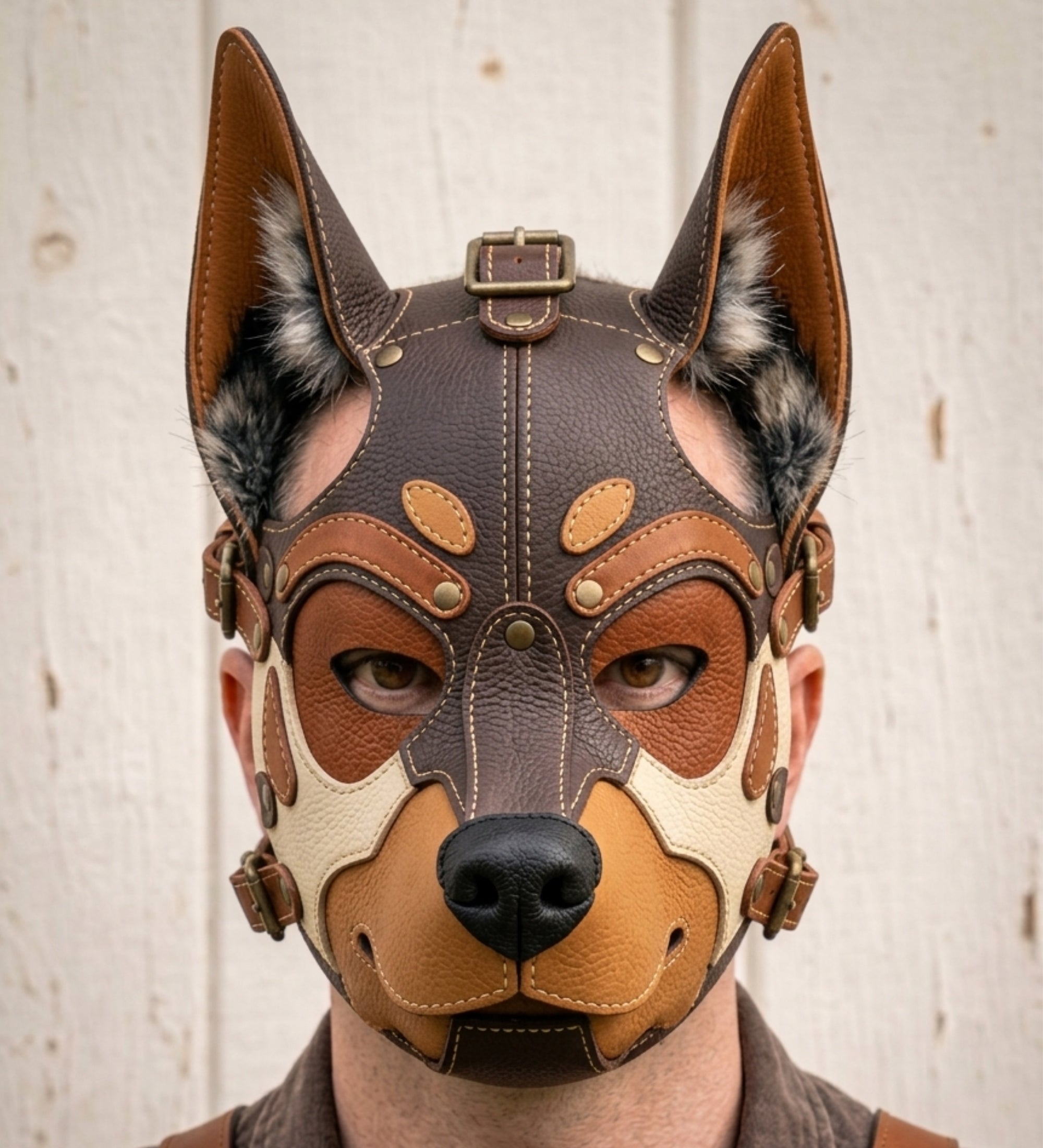 Leather German Shepherd Mask —Three-Tone Leather GSD Fantasy Dog Mask
