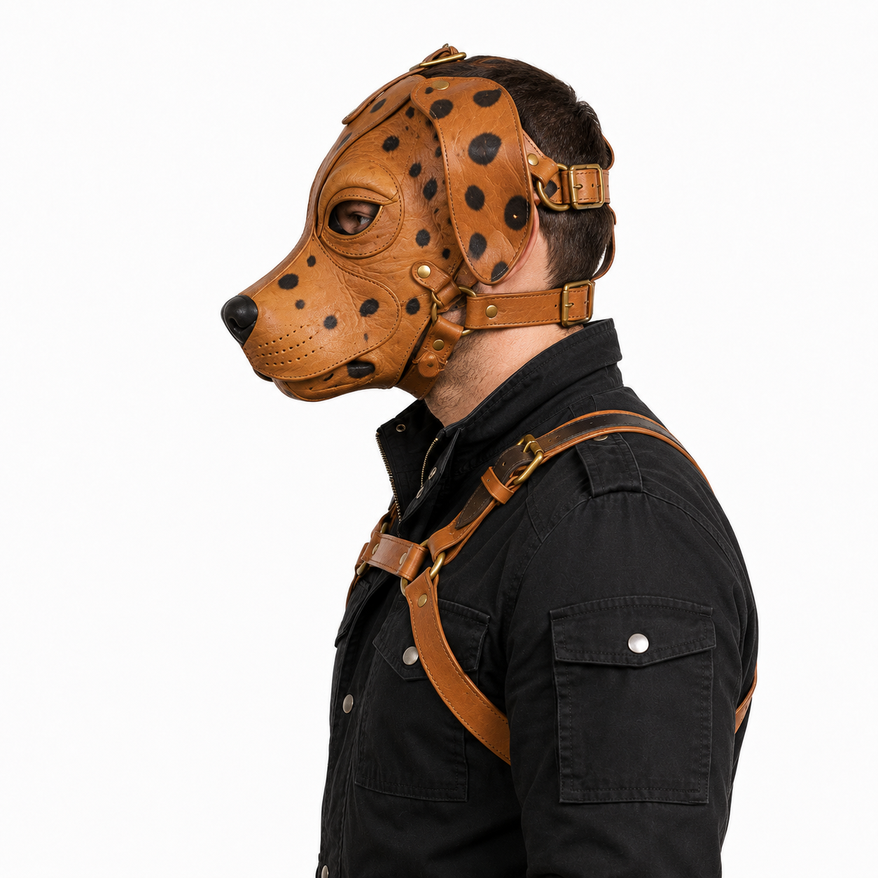 Real Leather Dalmatian Mask & Chest Harness Set —  Full Face Dog Mask
