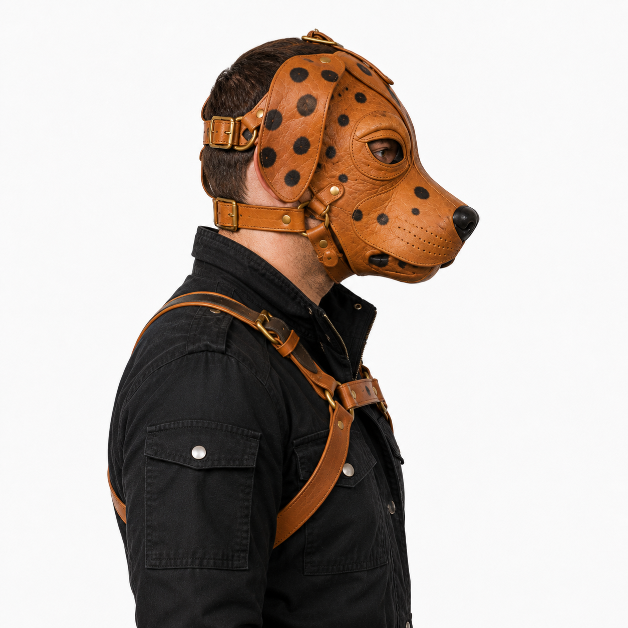 Real Leather Dalmatian Mask & Chest Harness Set —  Full Face Dog Mask
