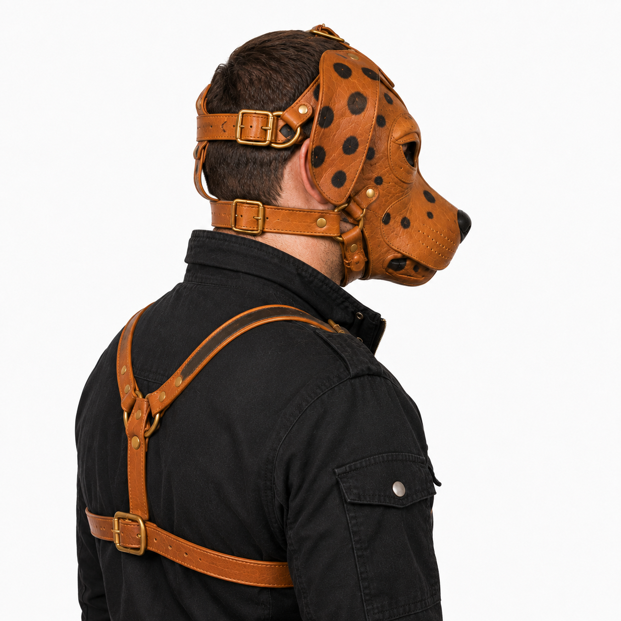 Real Leather Dalmatian Mask & Chest Harness Set —  Full Face Dog Mask