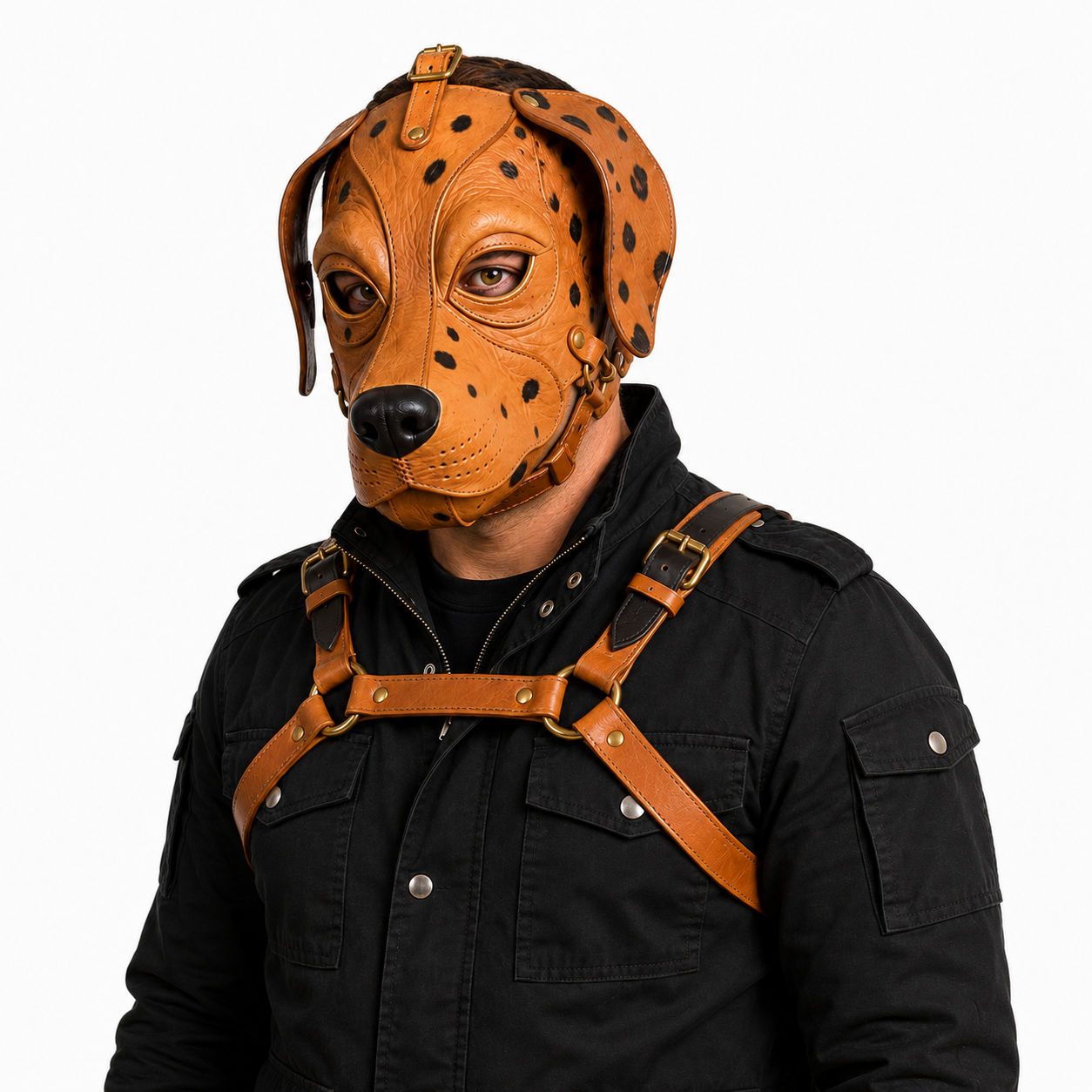 Real Leather Dalmatian Mask & Chest Harness Set —  Full Face Dog Mask