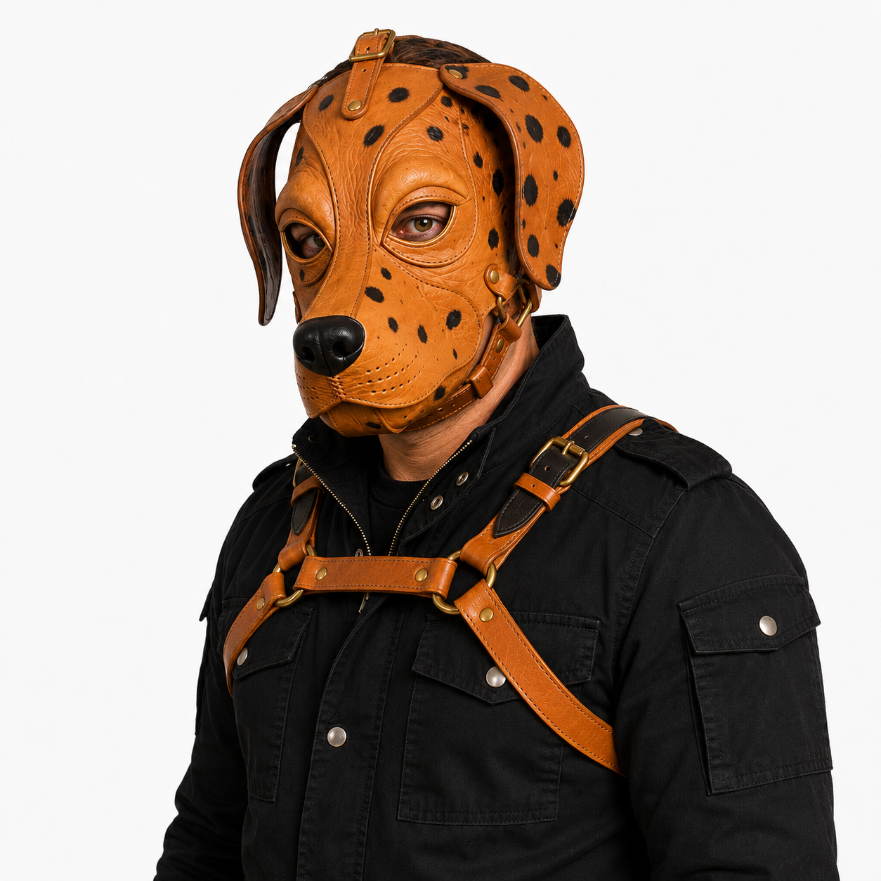 Real Leather Dalmatian Mask & Chest Harness Set —  Full Face Dog Mask