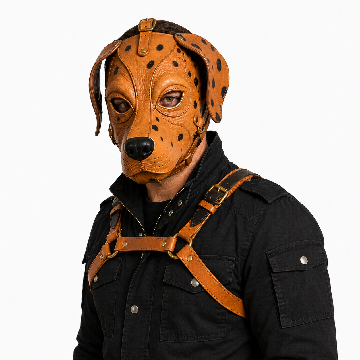 Real Leather Dalmatian Mask & Chest Harness Set —  Full Face Dog Mask