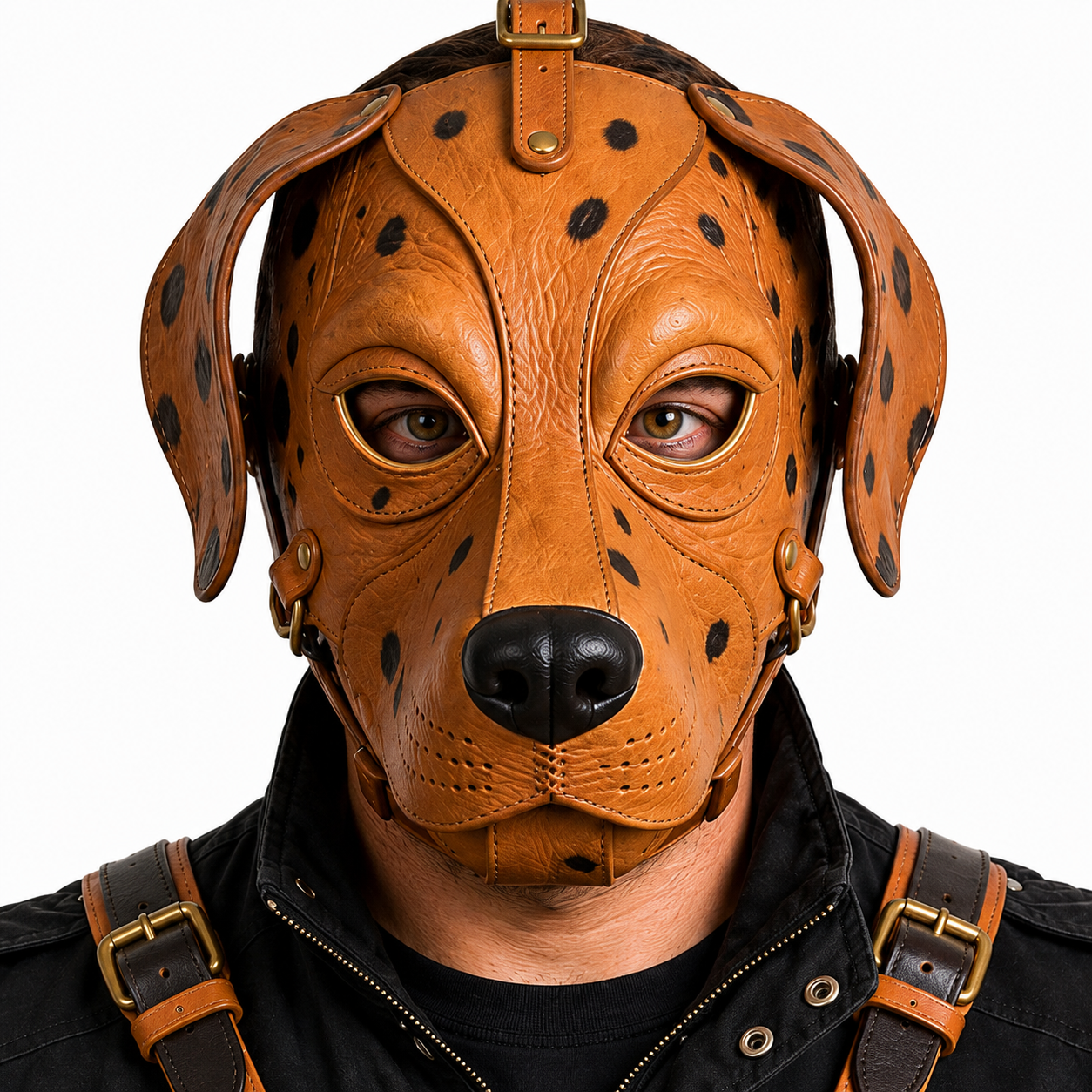 Real Leather Dalmatian Mask & Chest Harness Set —  Full Face Dog Mask