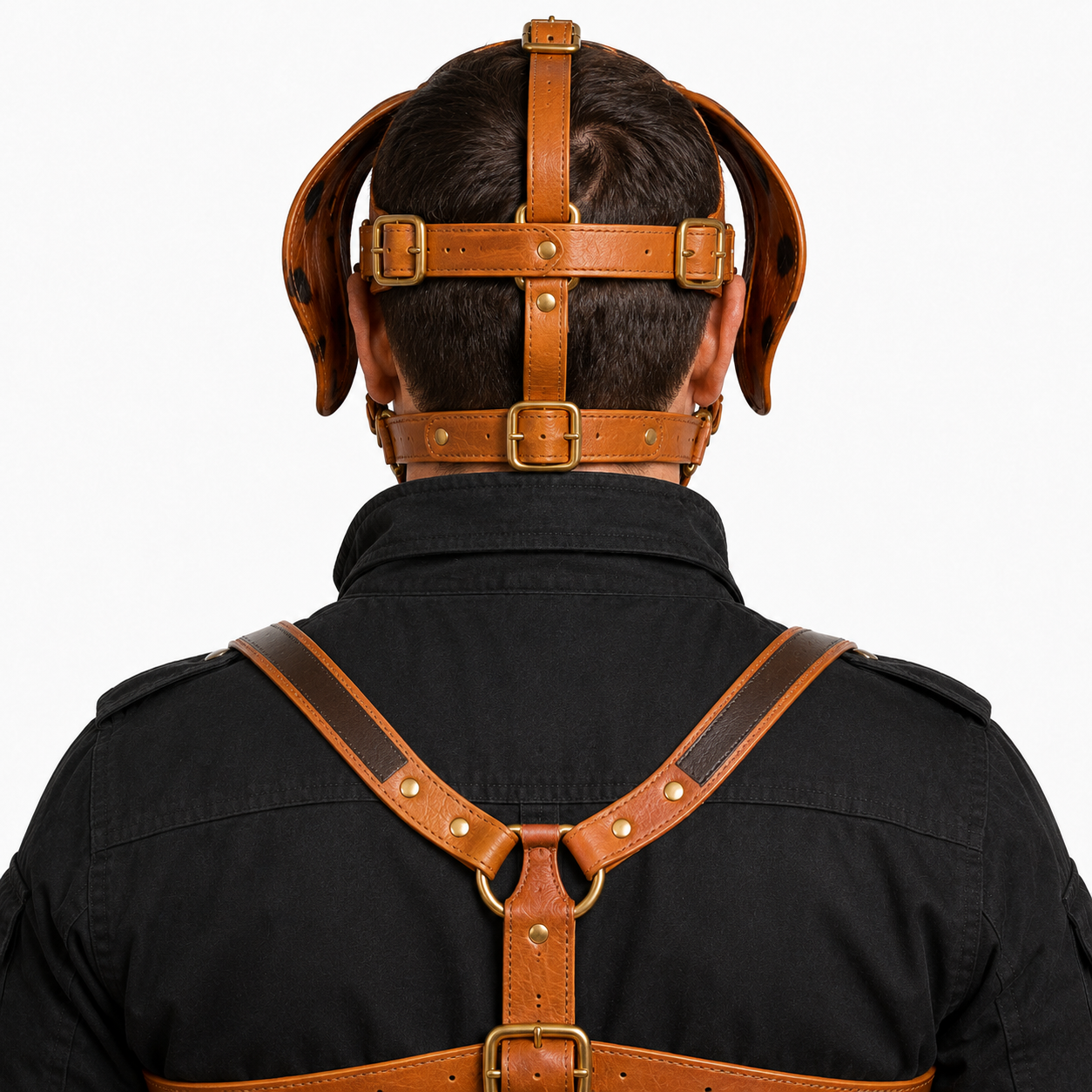 Real Leather Dalmatian Mask & Chest Harness Set —  Full Face Dog Mask