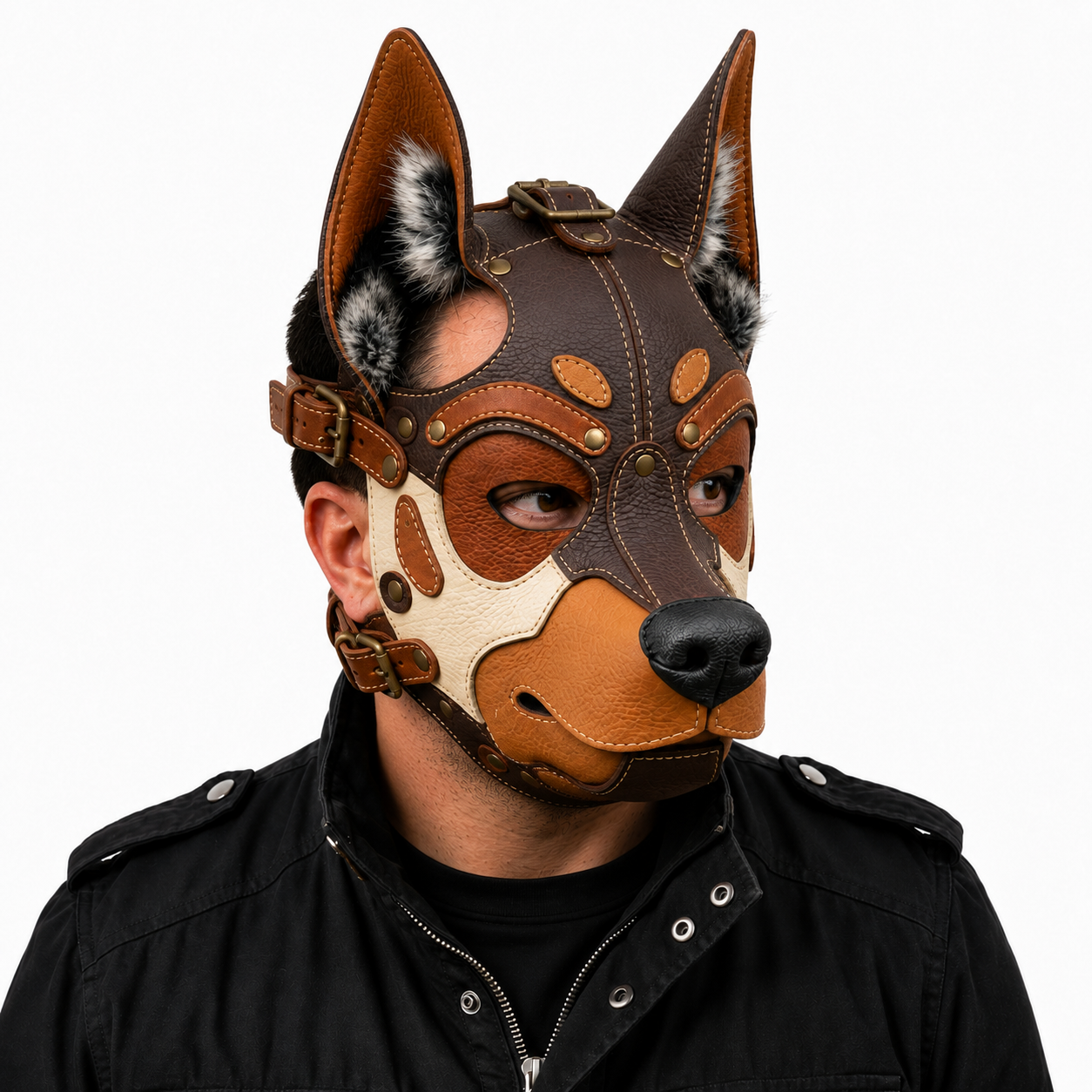 Leather German Shepherd Mask —Three-Tone Leather GSD Fantasy Dog Mask