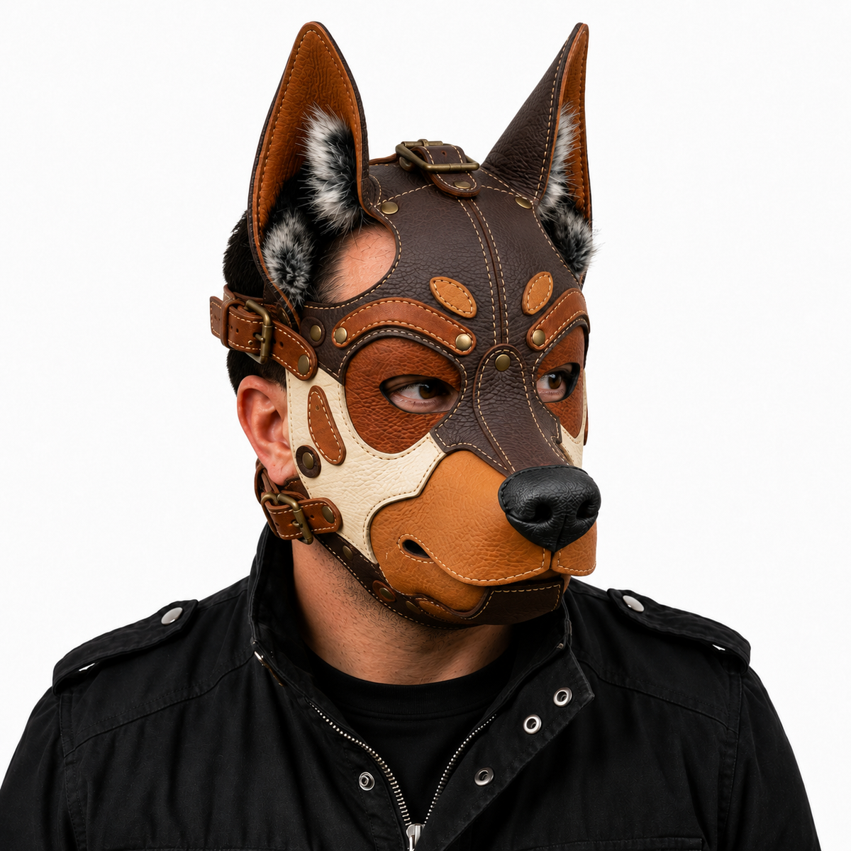 Leather German Shepherd Mask —Three-Tone Leather GSD Fantasy Dog Mask