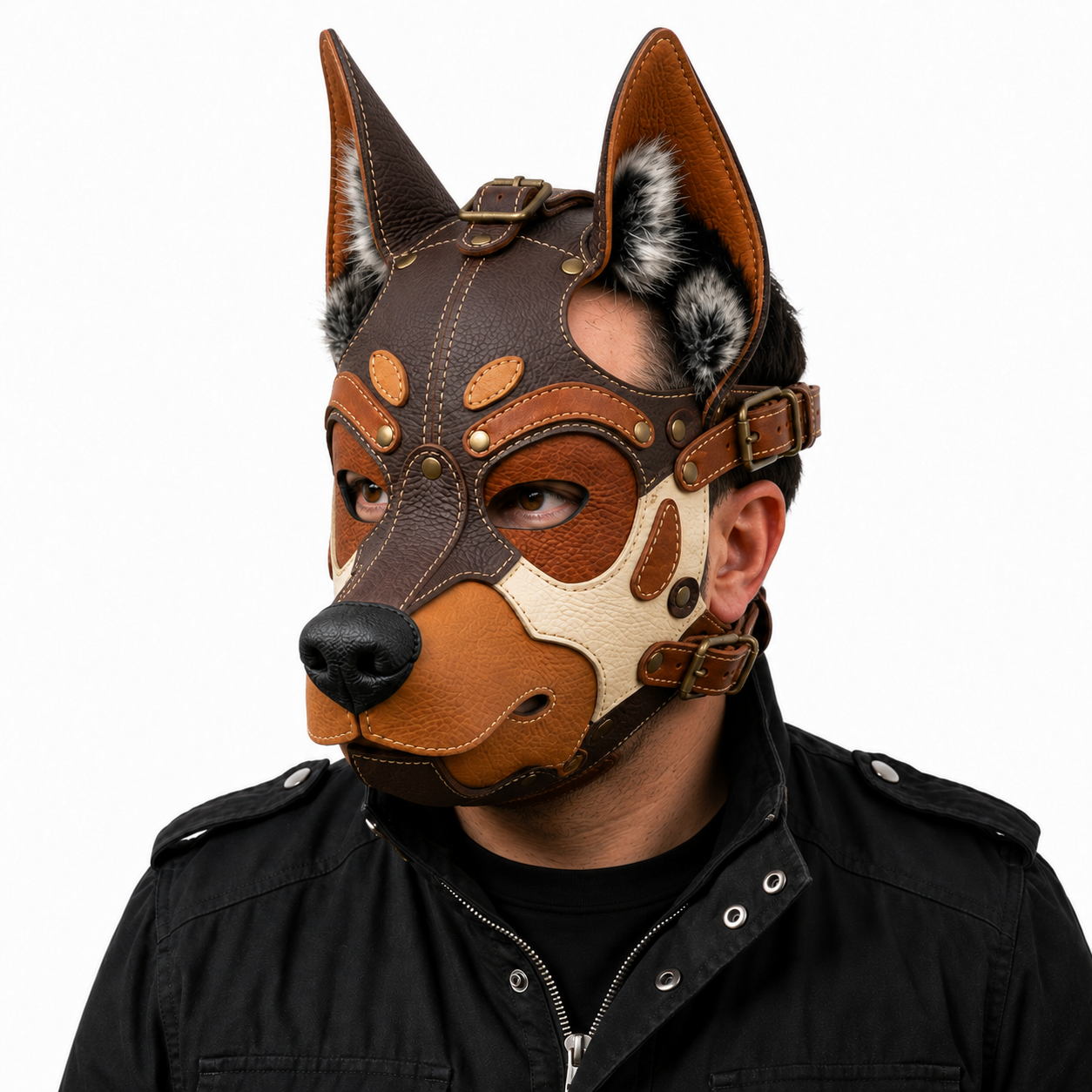 Leather German Shepherd Mask —Three-Tone Leather GSD Fantasy Dog Mask