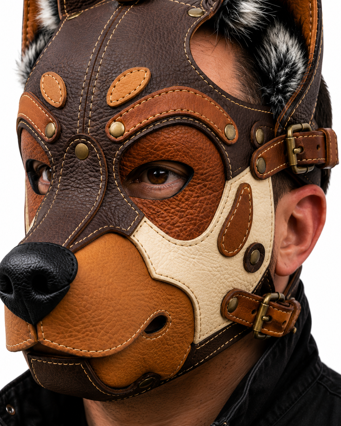 Leather German Shepherd Mask —Three-Tone Leather GSD Fantasy Dog Mask