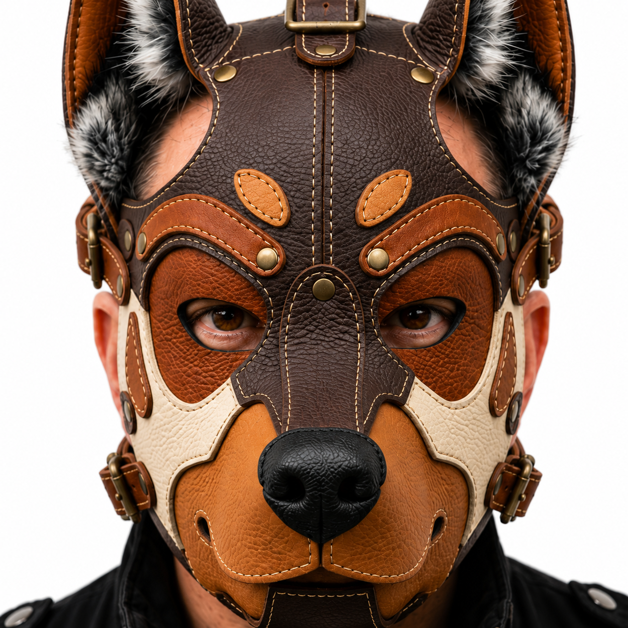 Leather German Shepherd Mask —Three-Tone Leather GSD Fantasy Dog Mask