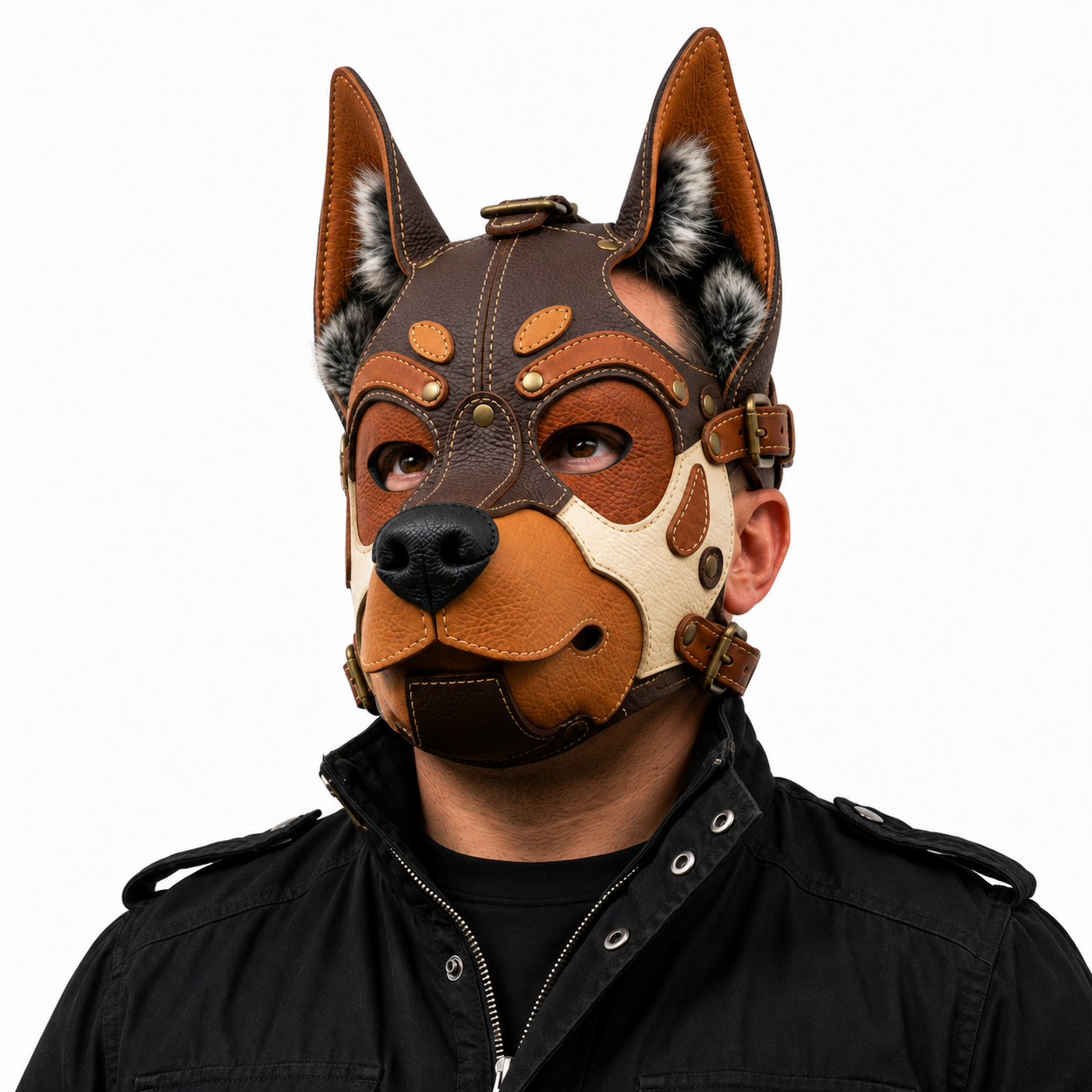 Leather German Shepherd Mask —Three-Tone Leather GSD Fantasy Dog Mask
