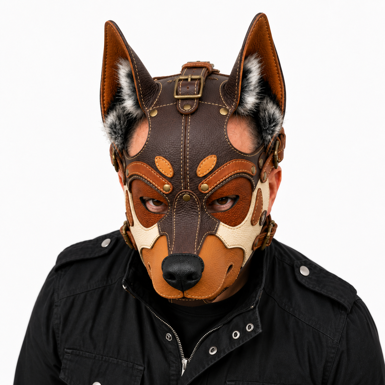 Leather German Shepherd Mask —Three-Tone Leather GSD Fantasy Dog Mask