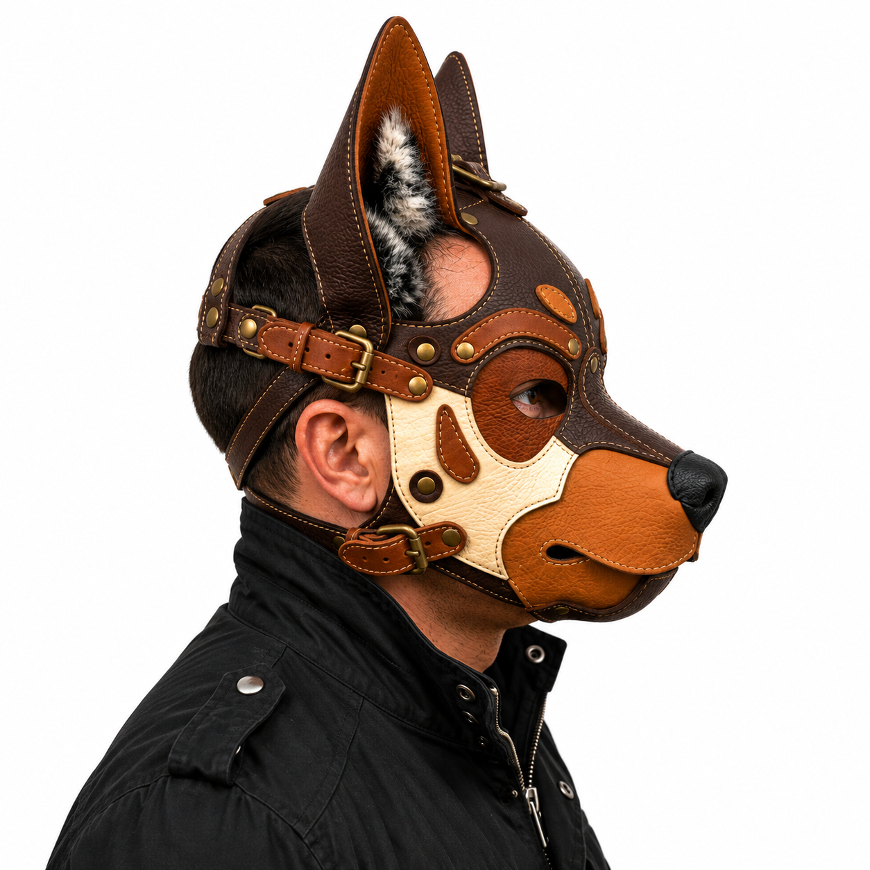 Leather German Shepherd Mask —Three-Tone Leather GSD Fantasy Dog Mask