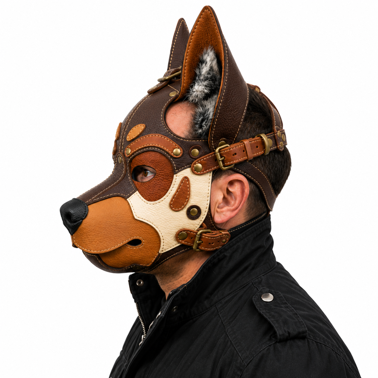 Leather German Shepherd Mask —Three-Tone Leather GSD Fantasy Dog Mask