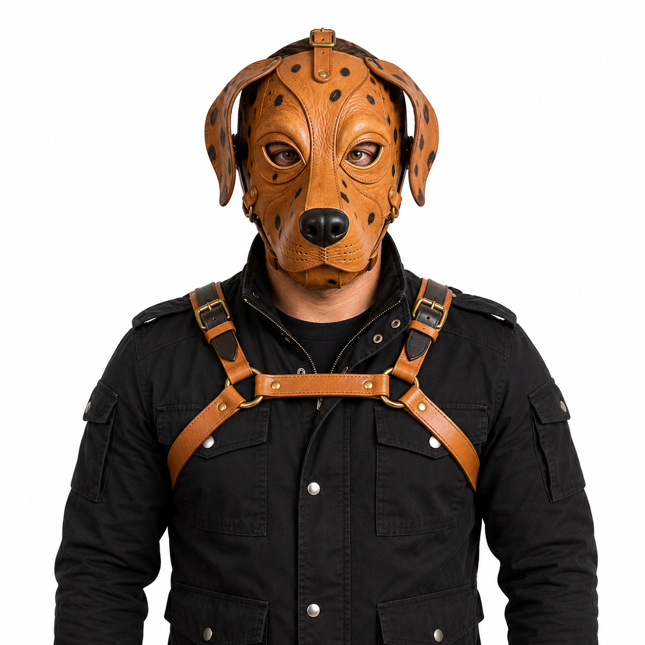 Real Leather Dalmatian Mask & Chest Harness Set —  Full Face Dog Mask