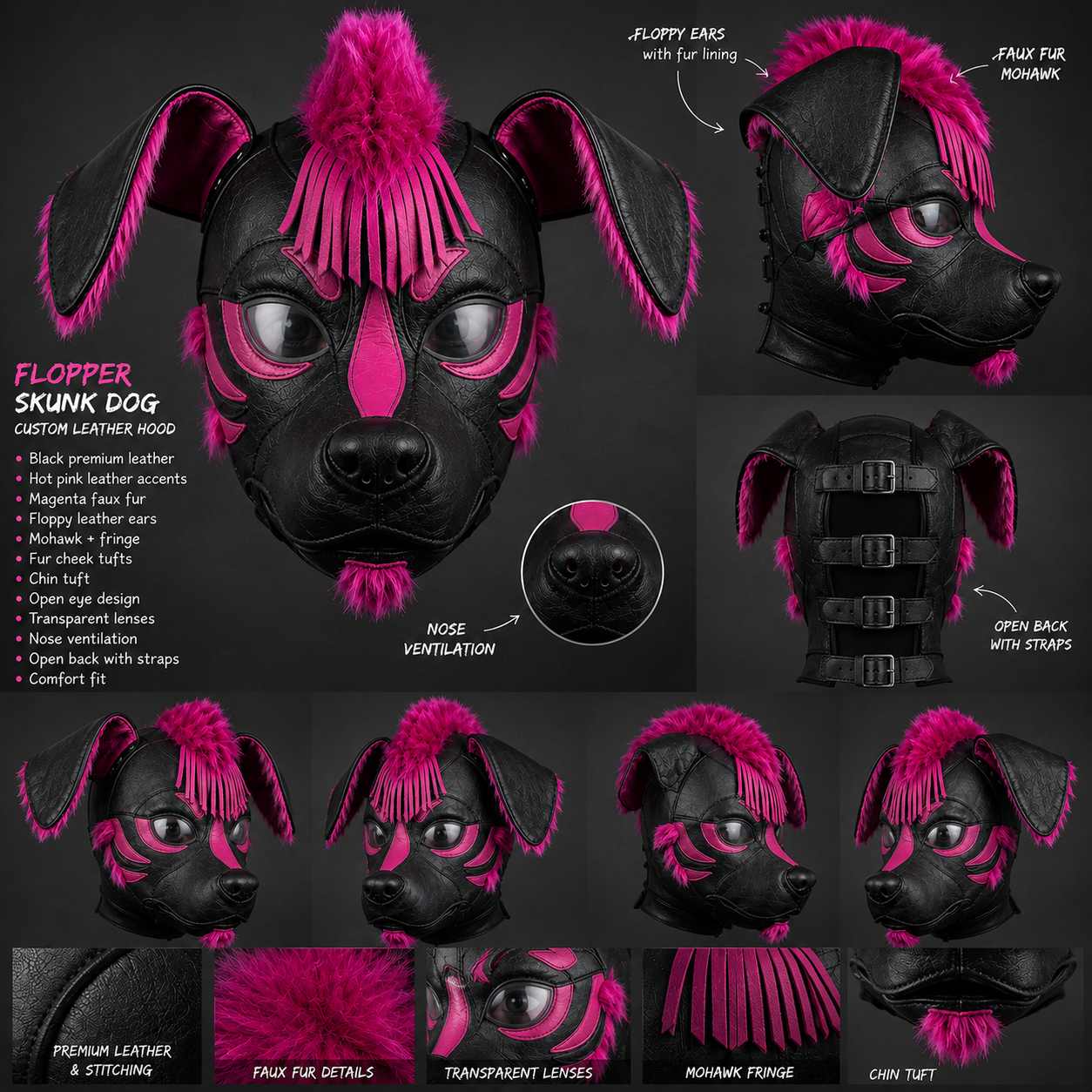 Handmade Leather Skunk Dog Hood Mask Black & Pink Puppy Hood