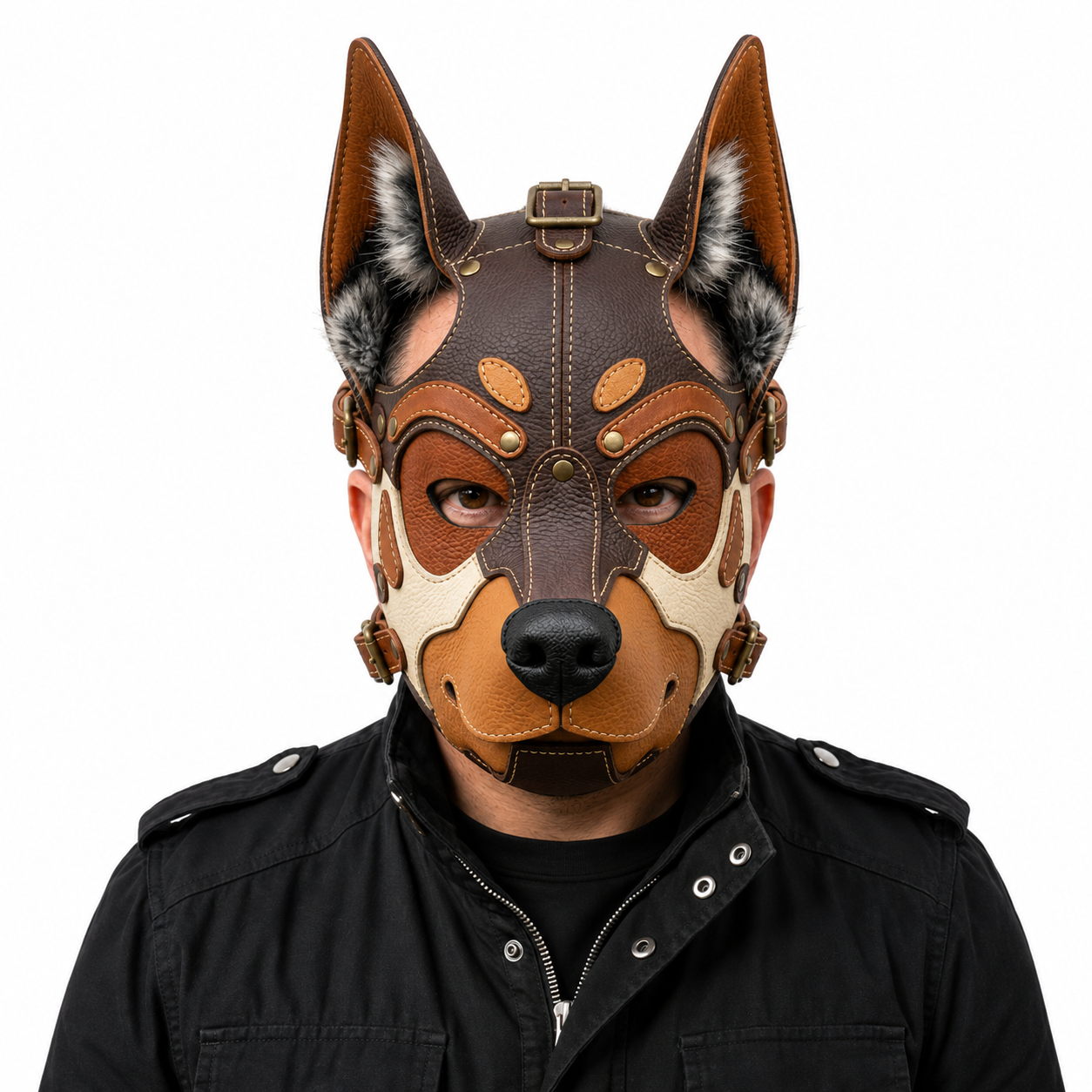 Leather German Shepherd Mask —Three-Tone Leather GSD Fantasy Dog Mask