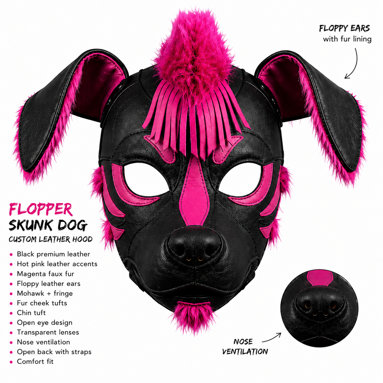 Handmade Leather Skunk Dog Hood Mask Black & Pink Puppy Hood