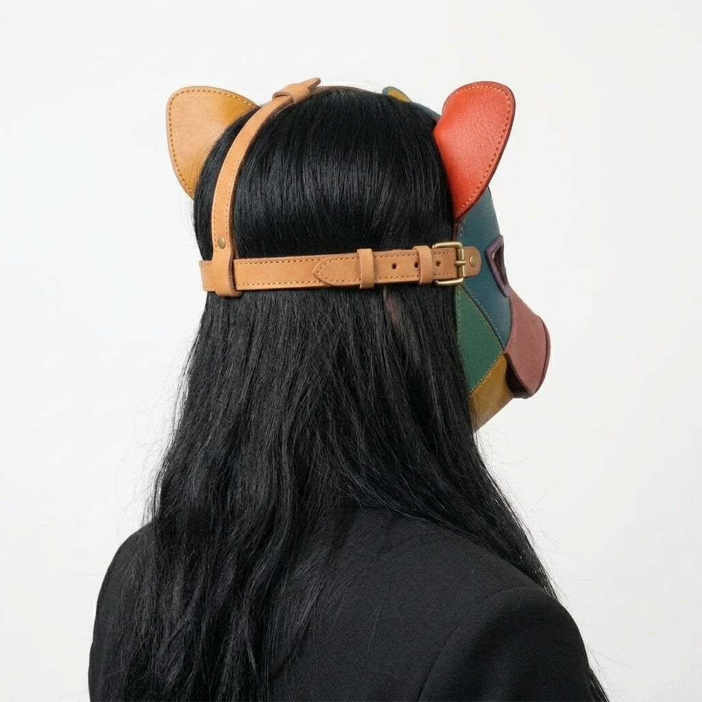 Handmade Leather Pig Mask – Rainbow Patchwork Animal Mask with Adjustable Strap