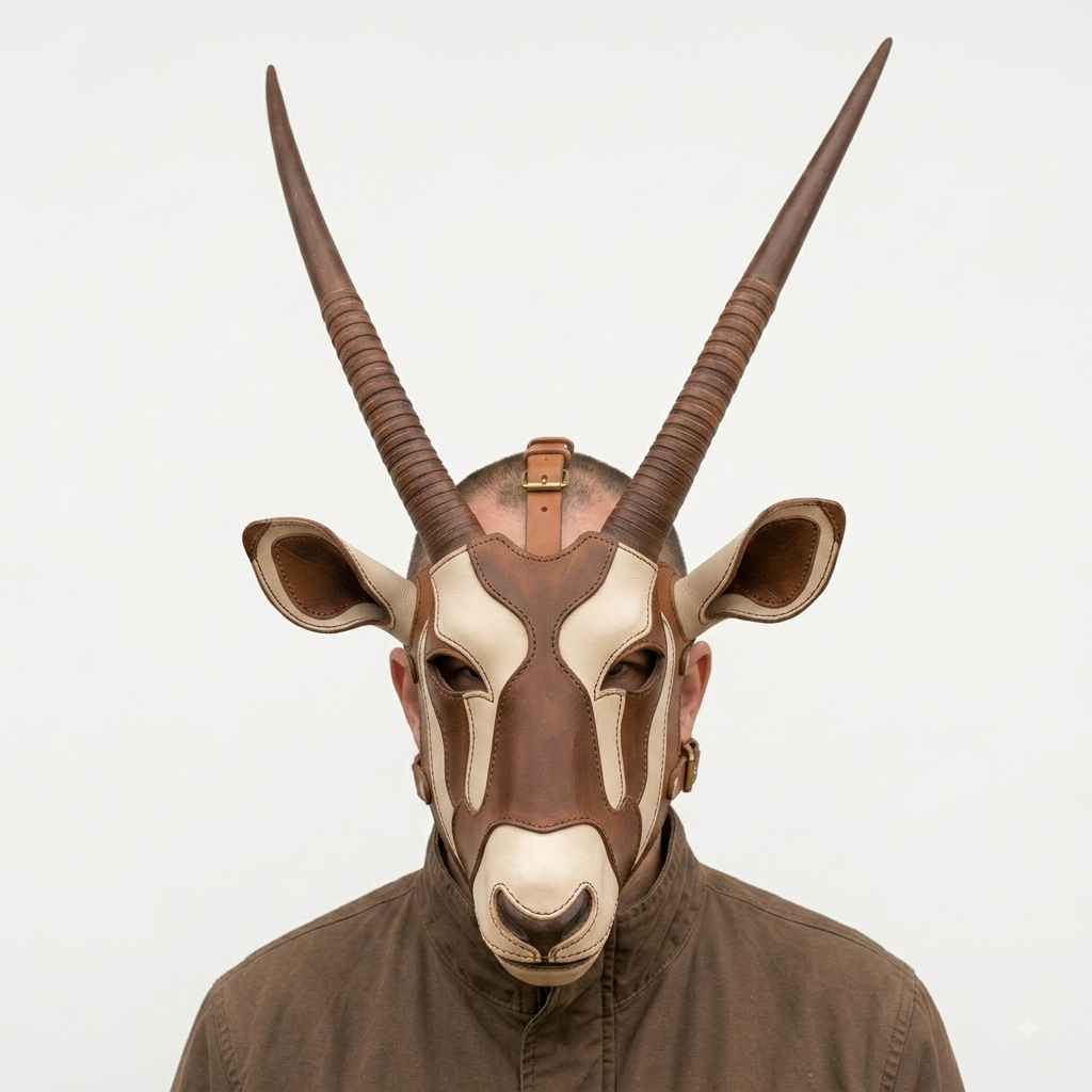 Leather Antelope Mask, Oryx Gemsbok Horns Headpiece, Handcrafted Full Head Animal Mask, Cosplay Costume, Ritual Ceremonial Mask
