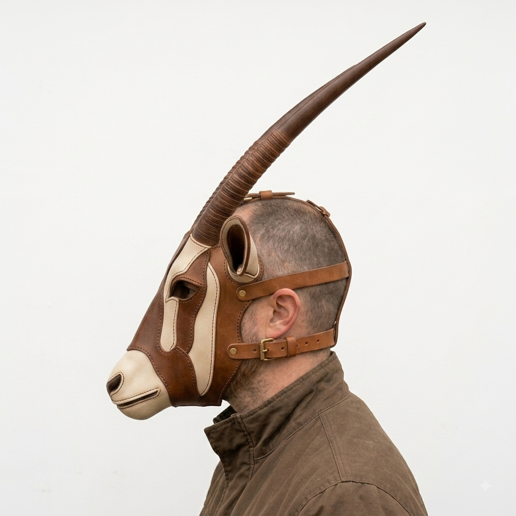 Leather Antelope Mask, Oryx Gemsbok Horns Headpiece, Handcrafted Full Head Animal Mask, Cosplay Costume, Ritual Ceremonial Mask
