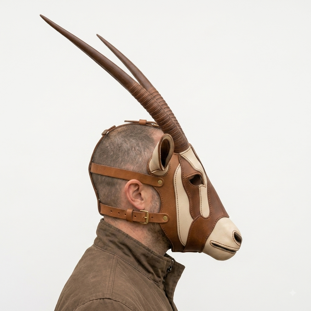 Leather Antelope Mask, Oryx Gemsbok Horns Headpiece, Handcrafted Full Head Animal Mask, Cosplay Costume, Ritual Ceremonial Mask