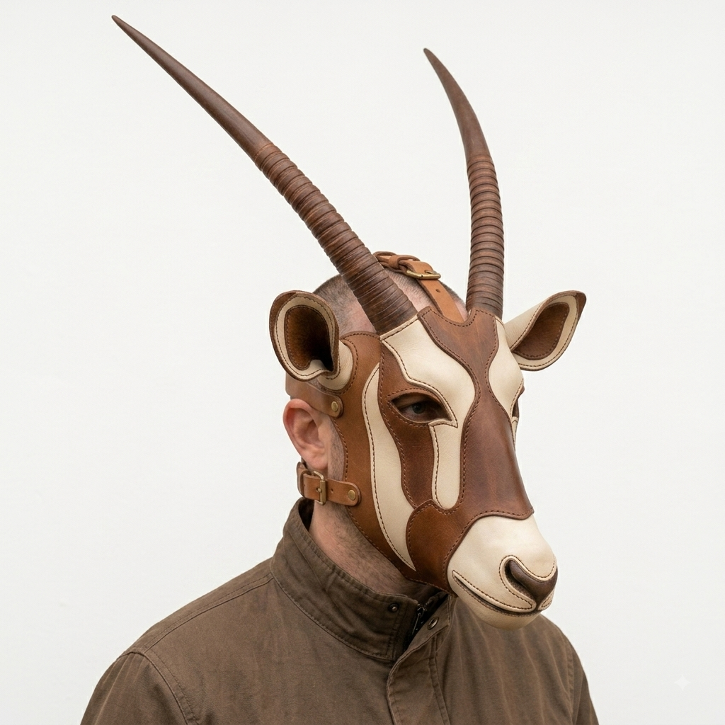 Leather Antelope Mask, Oryx Gemsbok Horns Headpiece, Handcrafted Full Head Animal Mask, Cosplay Costume, Ritual Ceremonial Mask