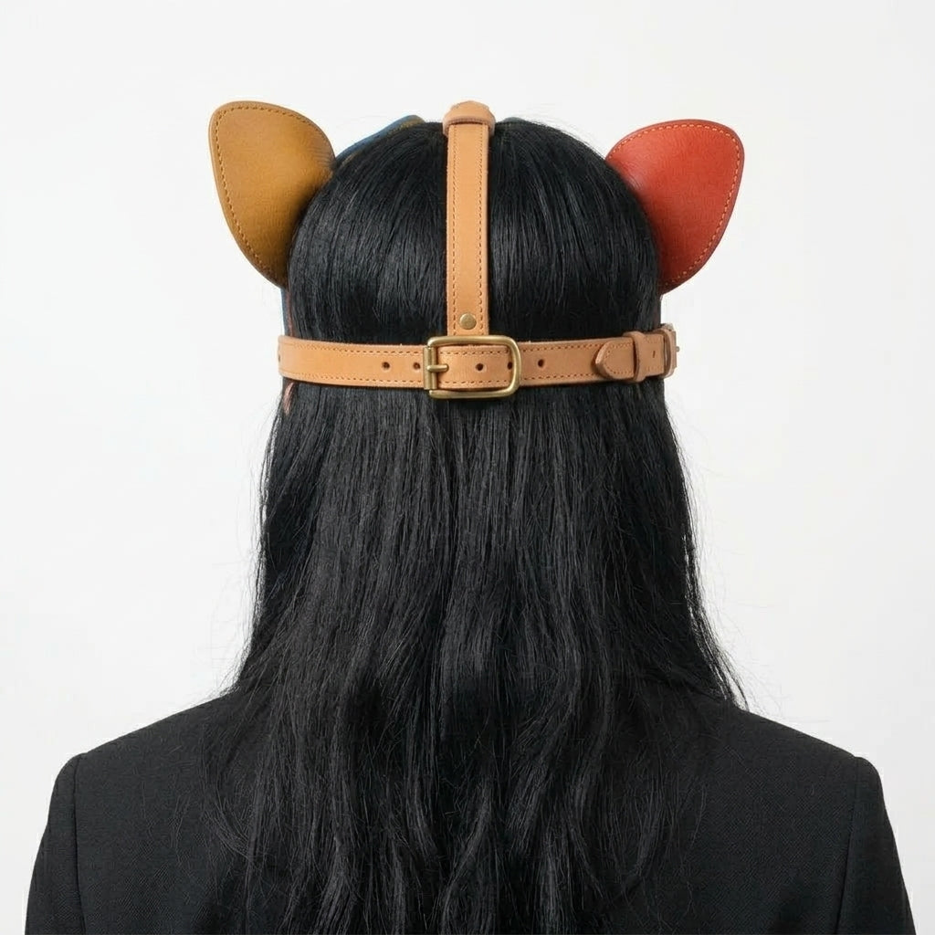 Handmade Leather Pig Mask – Rainbow Patchwork Animal Mask with Adjustable Strap