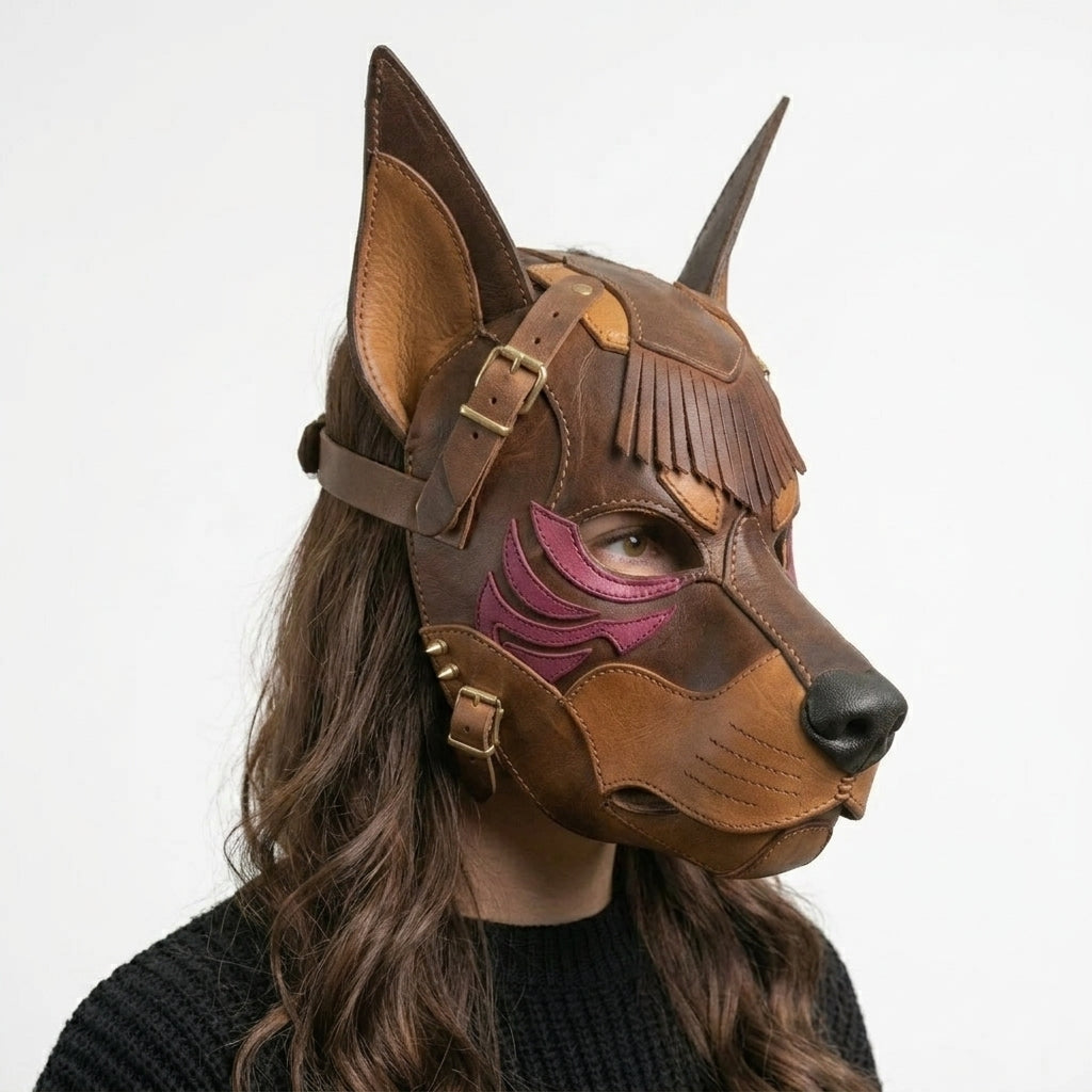 Handcrafted Leather Wolf Mask — Tribal Warrior Animal Mask with Spike Hardware
