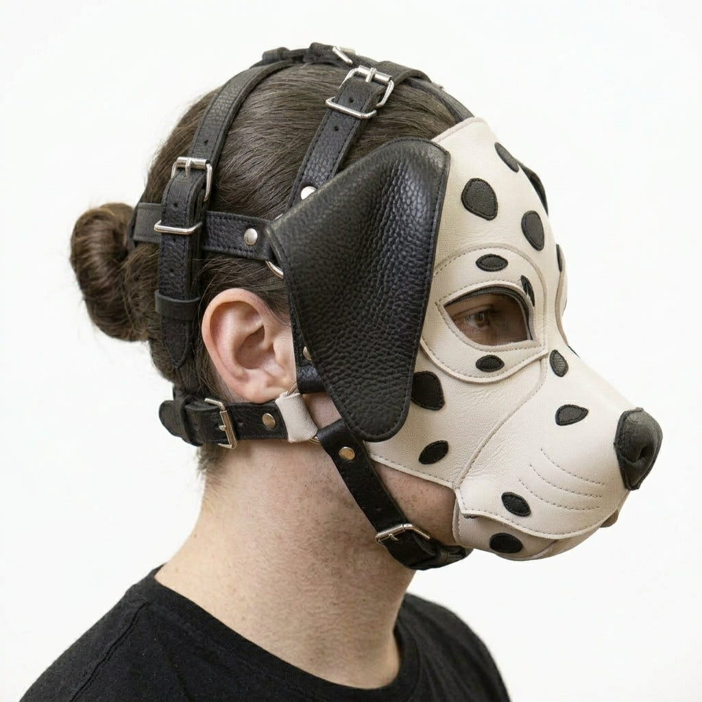 Leather Dalmatian Mask – Full-Head Spotted Dog Mask with Adjustable Multi-Strap Harness