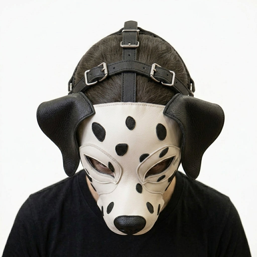 Leather Dalmatian Mask – Full-Head Spotted Dog Mask with Adjustable Multi-Strap Harness