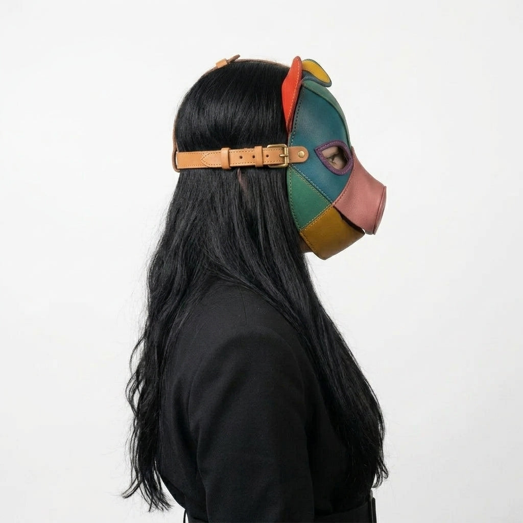 Handmade Leather Pig Mask – Rainbow Patchwork Animal Mask with Adjustable Strap