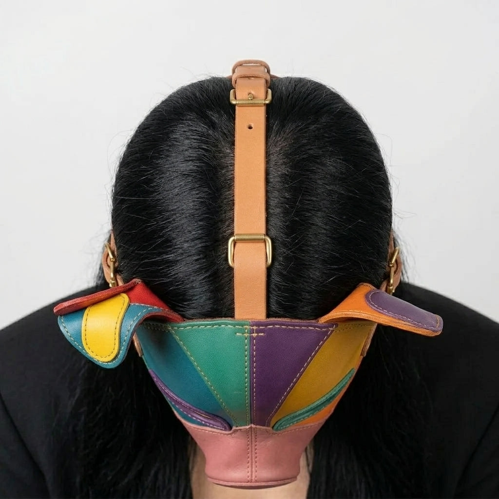 Handmade Leather Pig Mask – Rainbow Patchwork Animal Mask with Adjustable Strap