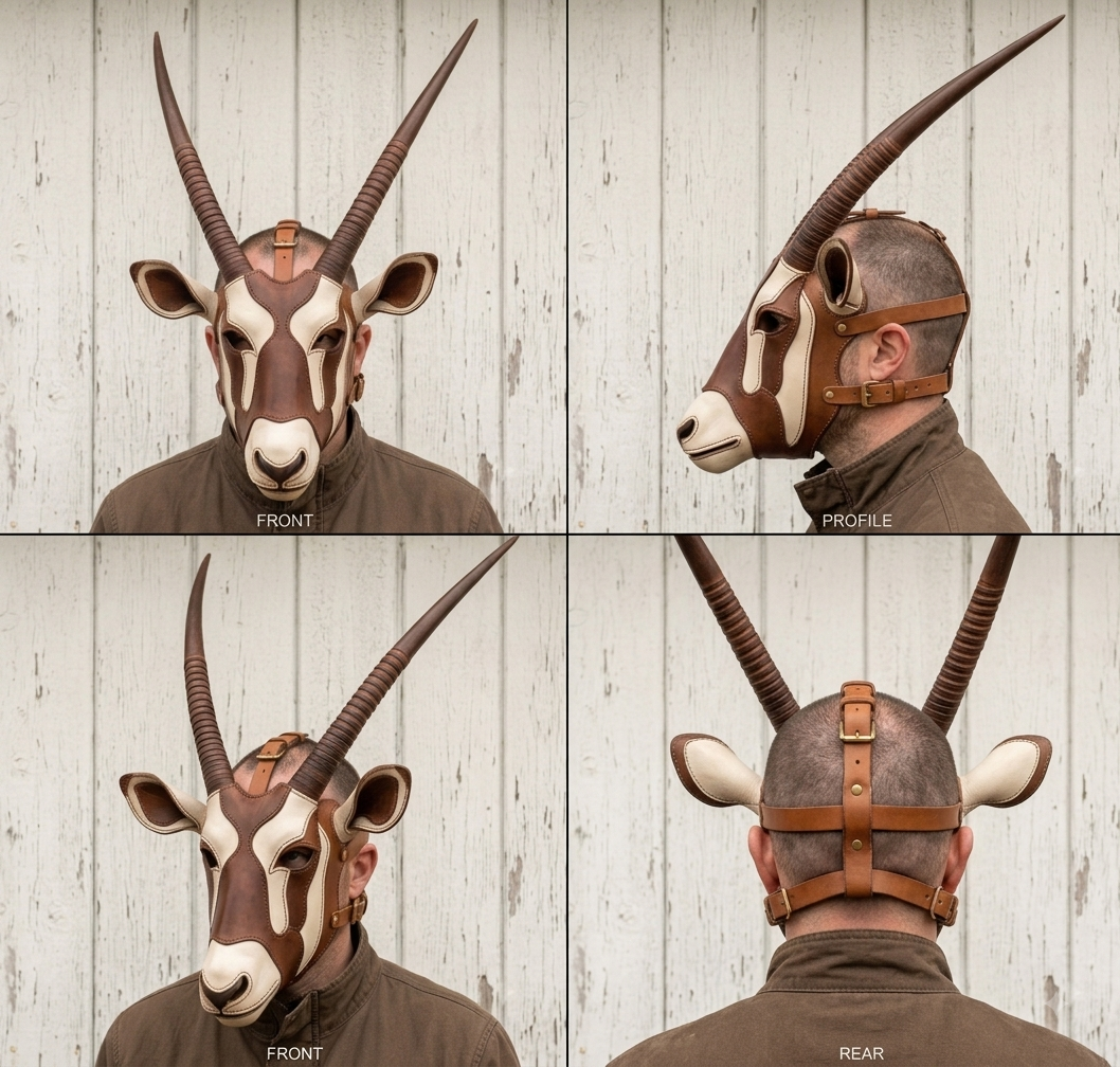 Leather Antelope Mask, Oryx Gemsbok Horns Headpiece, Handcrafted Full Head Animal Mask, Cosplay Costume, Ritual Ceremonial Mask