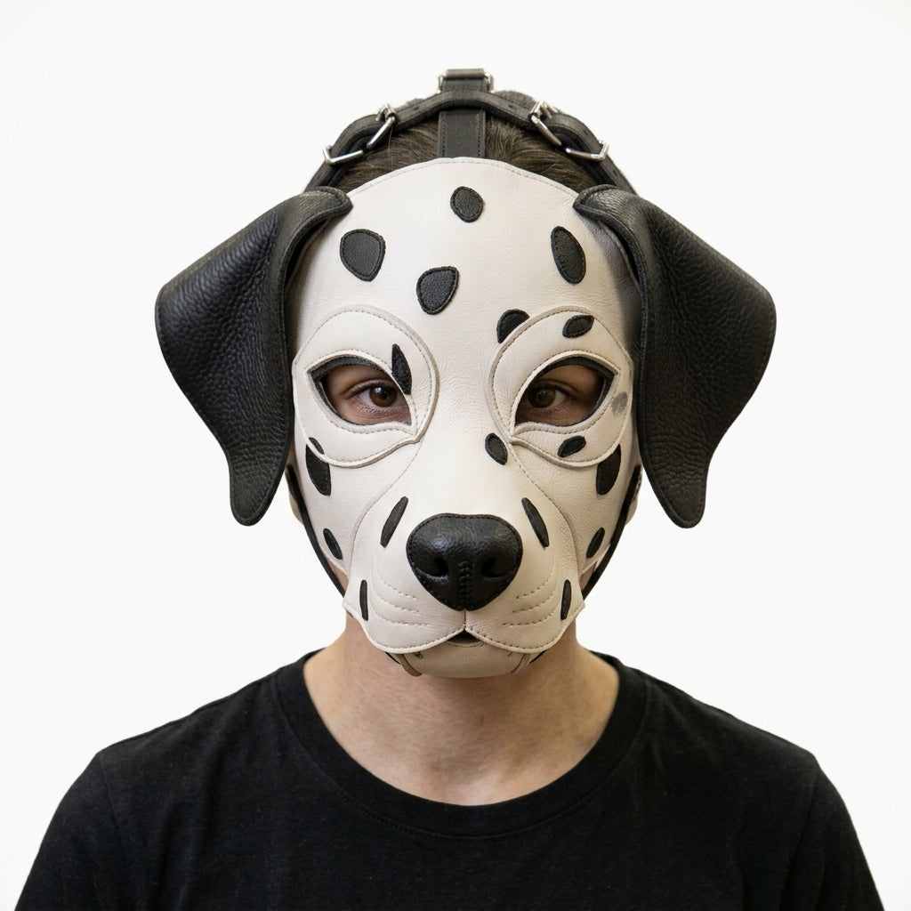 Leather Dalmatian Mask – Full-Head Spotted Dog Mask with Adjustable Multi-Strap Harness