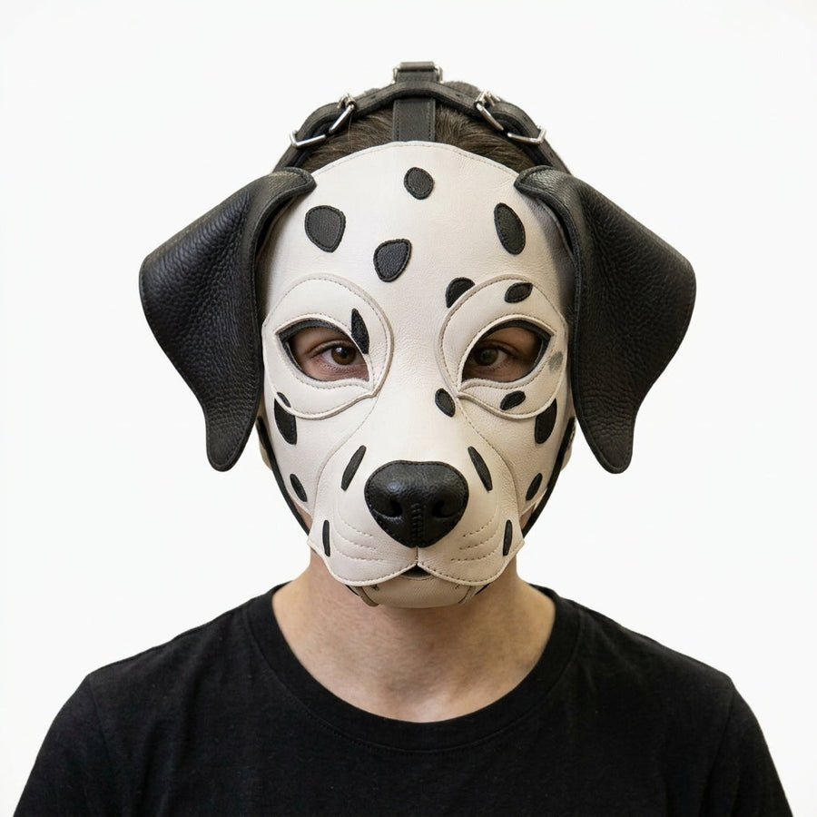 Leather Dalmatian Mask – Full-Head Spotted Dog Mask with Adjustable Multi-Strap Harness