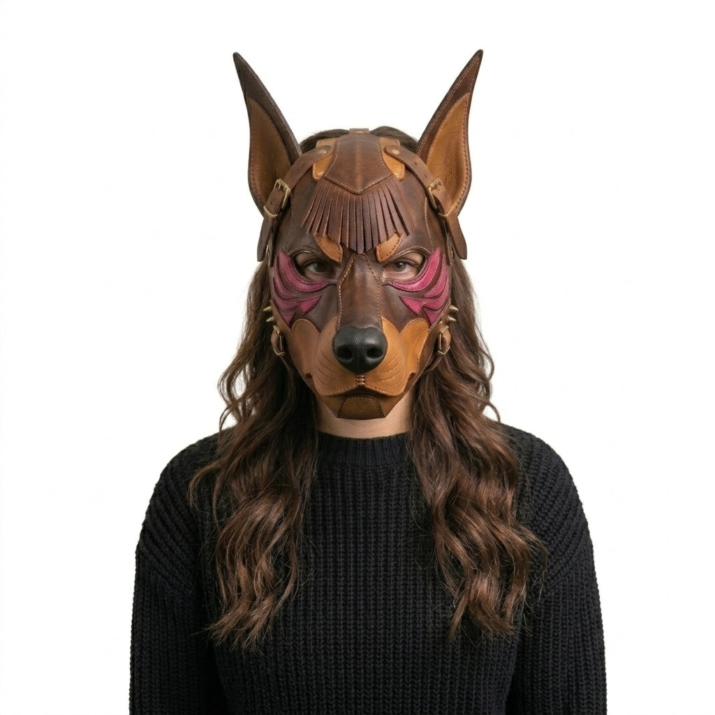 Handcrafted Leather Wolf Mask — Tribal Warrior Animal Mask with Spike Hardware