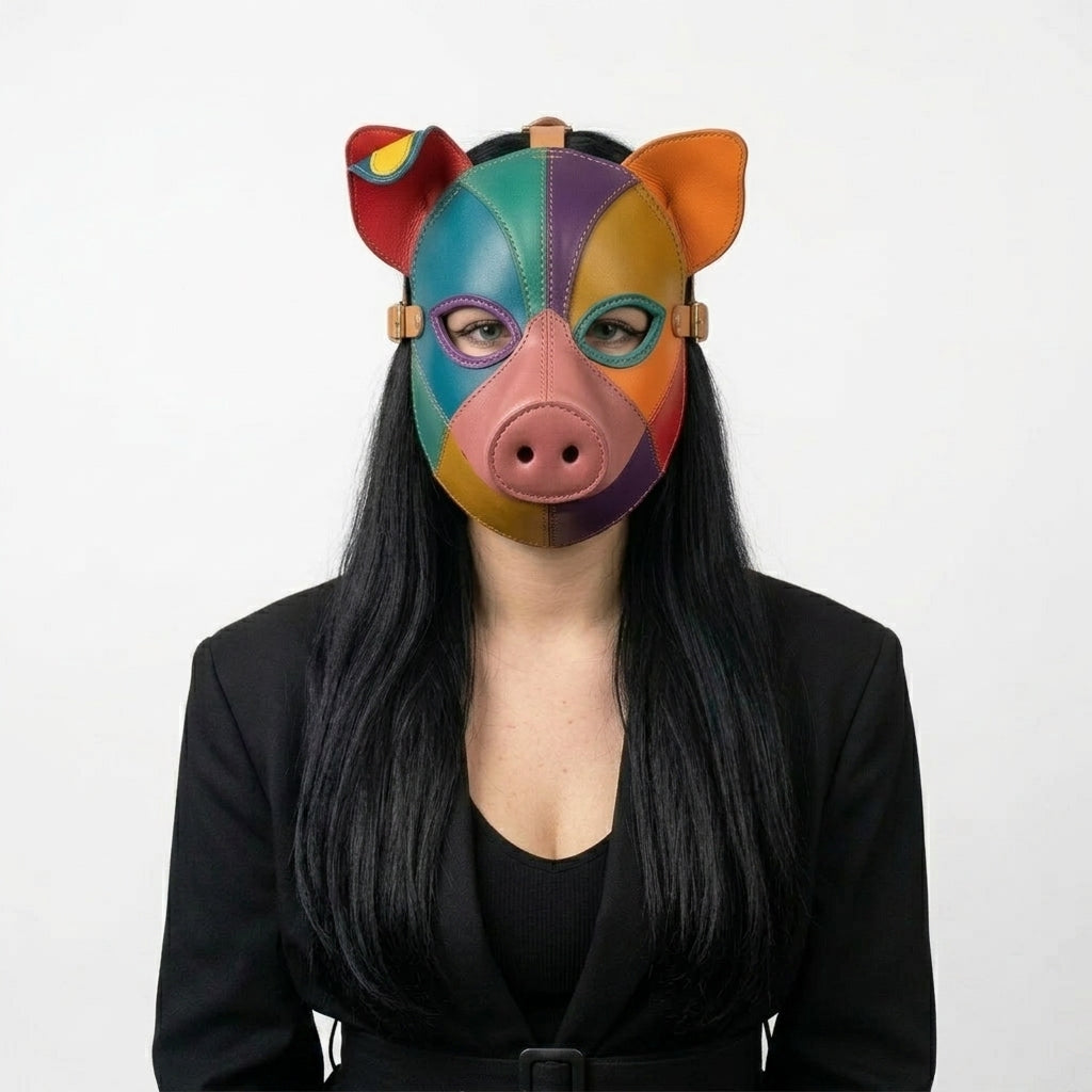 Handmade Leather Pig Mask – Rainbow Patchwork Animal Mask with Adjustable Strap
