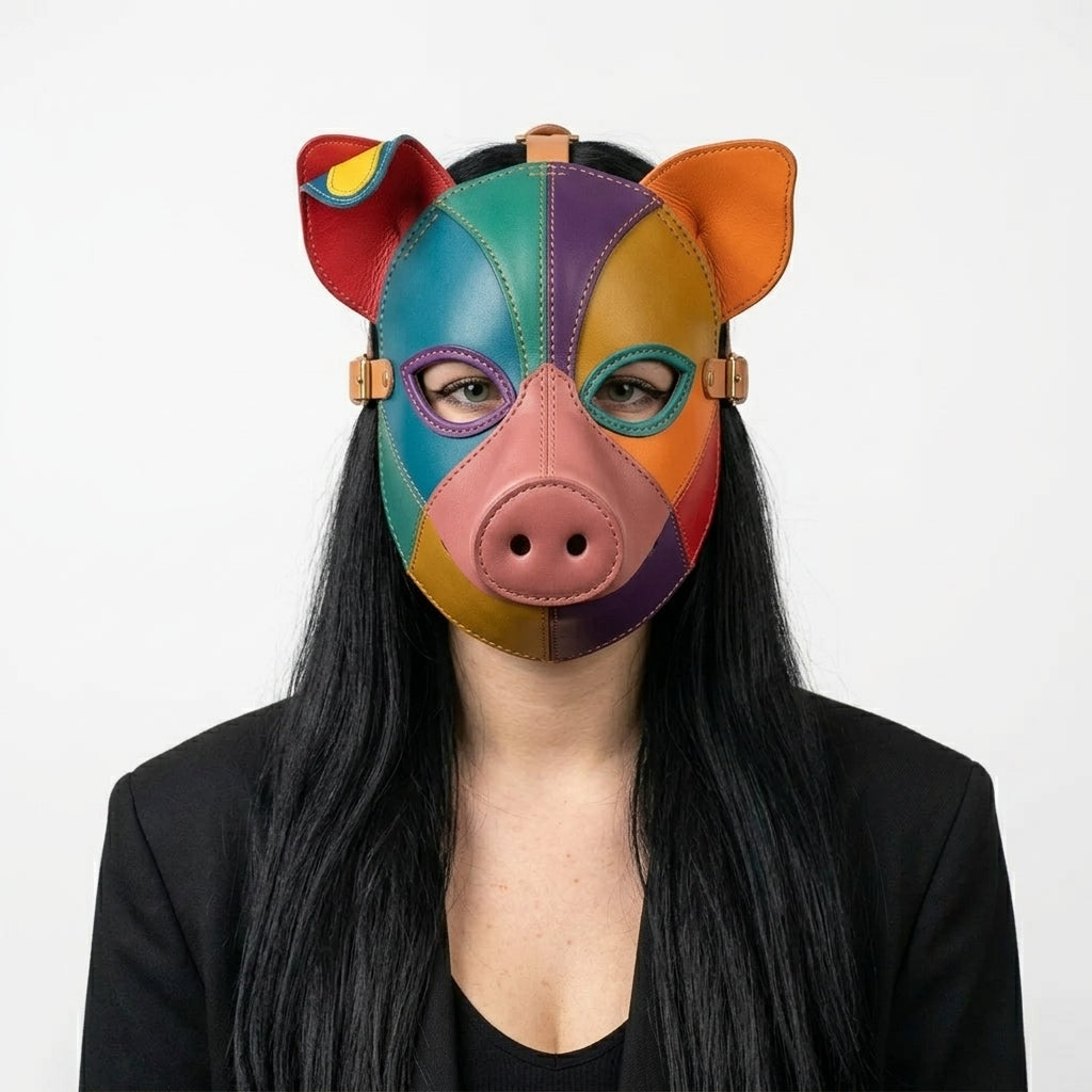 Handmade Leather Pig Mask – Rainbow Patchwork Animal Mask with Adjustable Strap