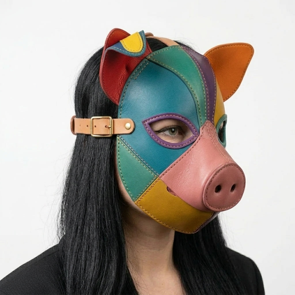 Handmade Leather Pig Mask – Rainbow Patchwork Animal Mask with Adjustable Strap