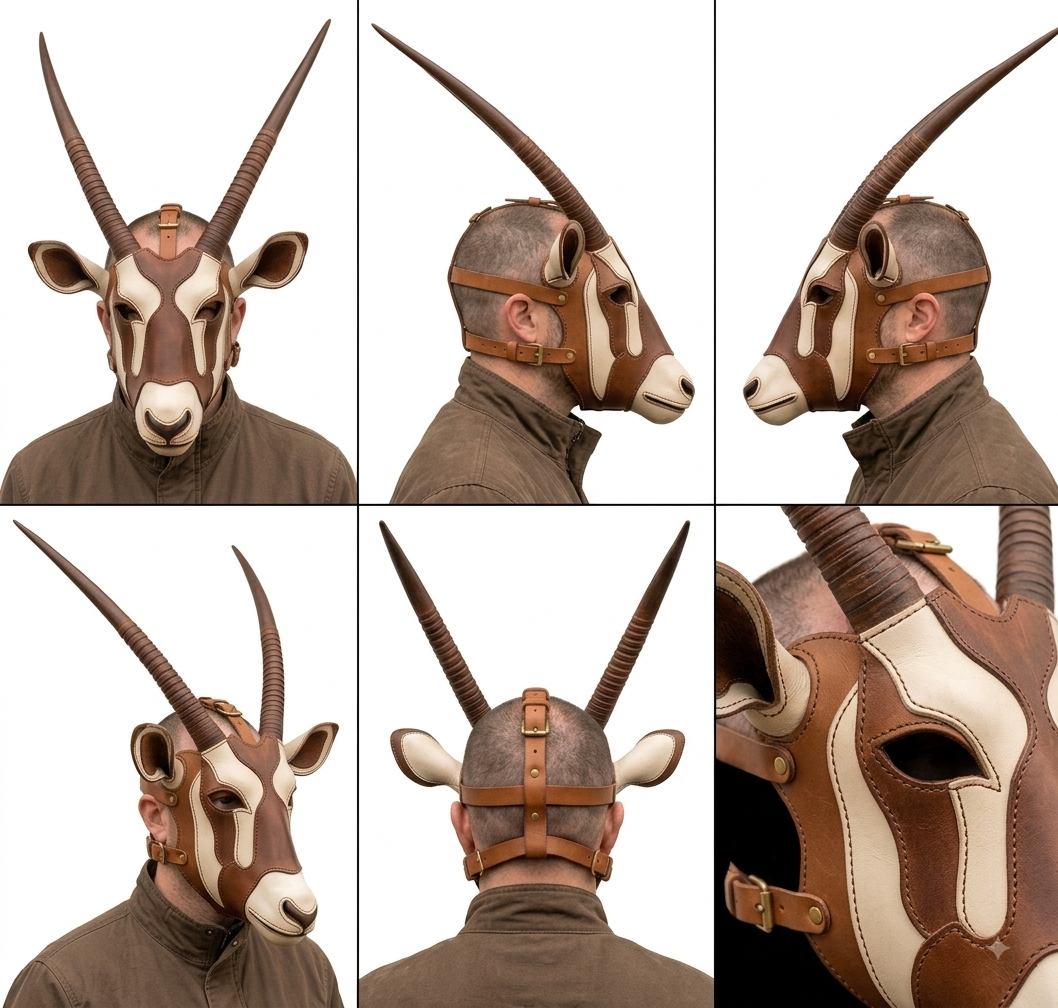 Leather Antelope Mask, Oryx Gemsbok Horns Headpiece, Handcrafted Full Head Animal Mask, Cosplay Costume, Ritual Ceremonial Mask