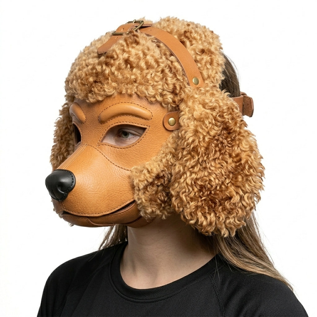 Leather Poodle Mask Faux Shearling Full-Head Dog Mask with Adjustable Buckle Harness
