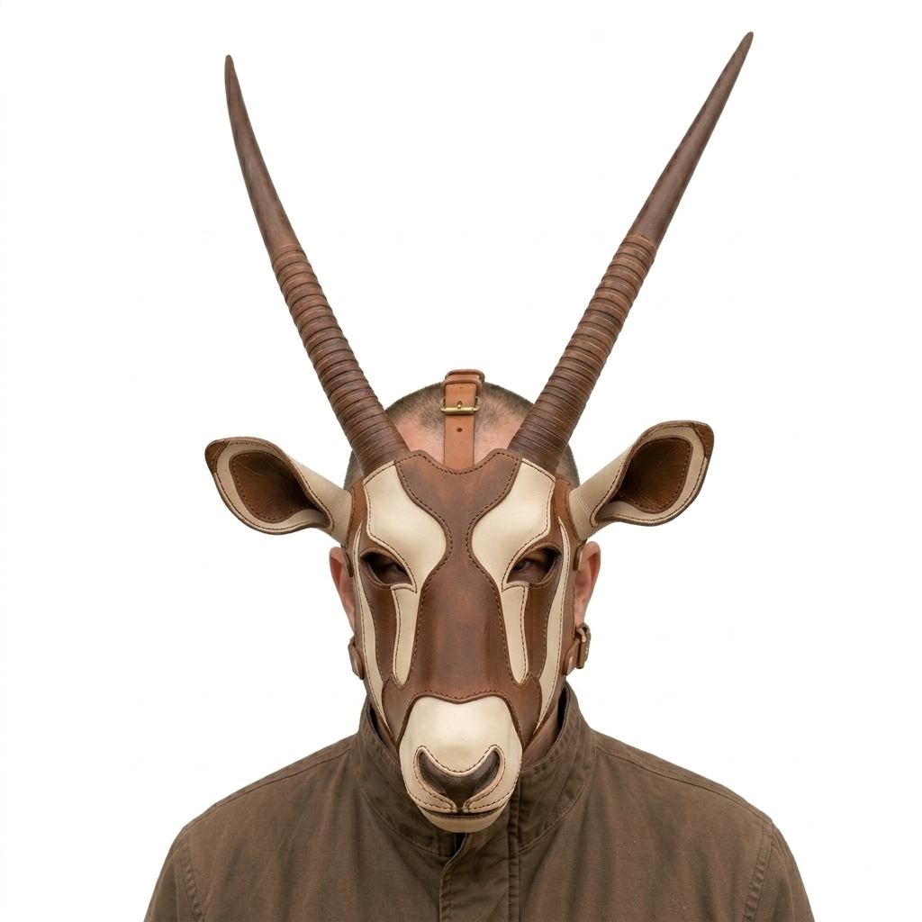 Leather Antelope Mask, Oryx Gemsbok Horns Headpiece, Handcrafted Full Head Animal Mask, Cosplay Costume, Ritual Ceremonial Mask
