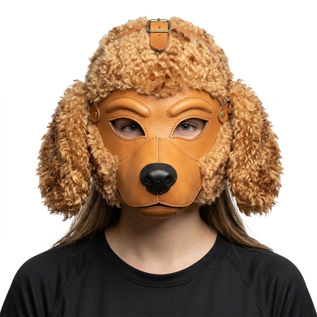 Leather Poodle Mask Faux Shearling Full-Head Dog Mask with Adjustable Buckle Harness