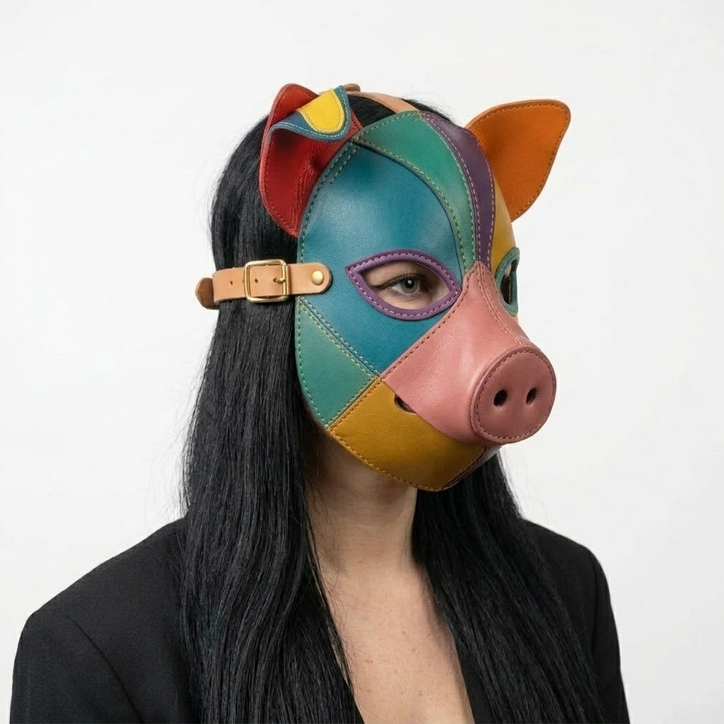 Handmade Leather Pig Mask – Rainbow Patchwork Animal Mask with Adjustable Strap
