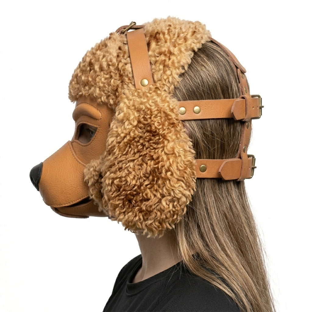 Leather Poodle Mask Faux Shearling Full-Head Dog Mask with Adjustable Buckle Harness