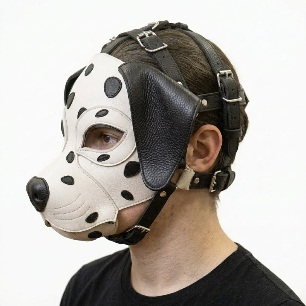 Leather Dalmatian Mask – Full-Head Spotted Dog Mask with Adjustable Multi-Strap Harness
